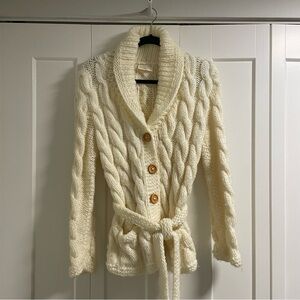 70s Vintage Chunky Cable Knit Cardigan Sweater Belted Wood Buttons Size Medium